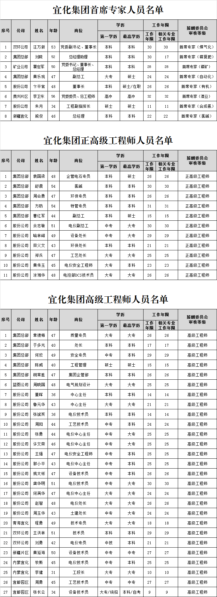 宜化集團首席專家、正高級工程師、高級工程師評審結果公示